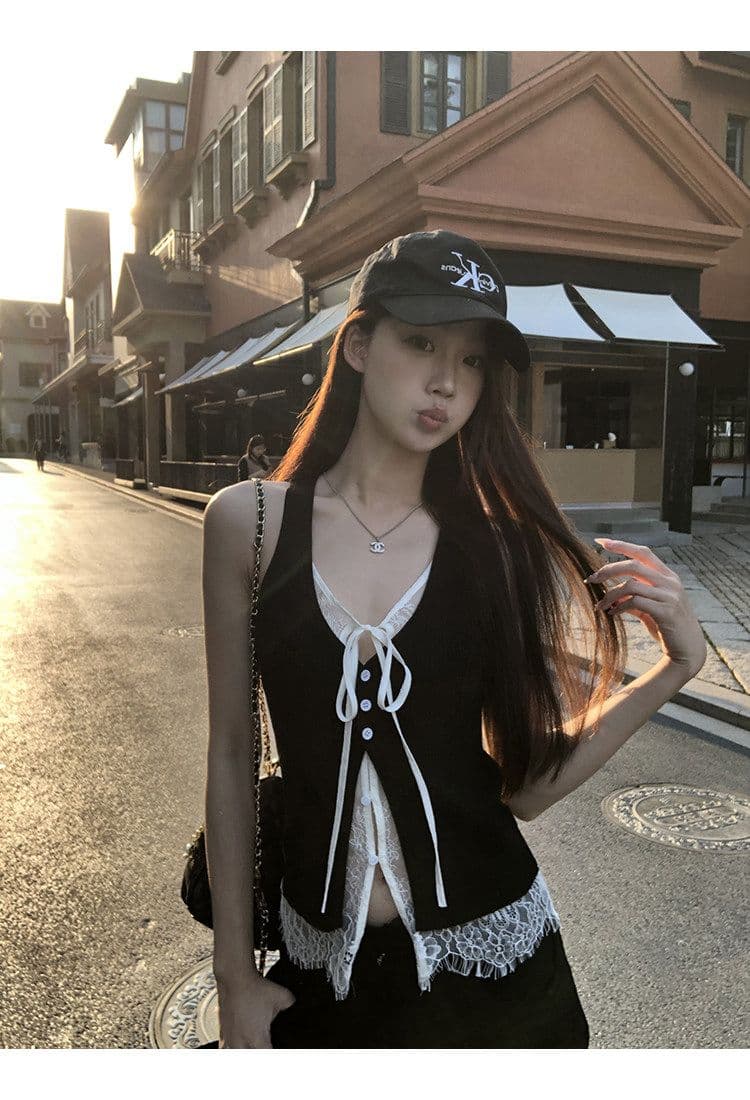 사람들 면 레이스 캐미솔 여름 외출용 검정색 핫걸 착용 가져 가라. 레이스 페이크 레이어드 민소매 맨위 상세 이미지 2