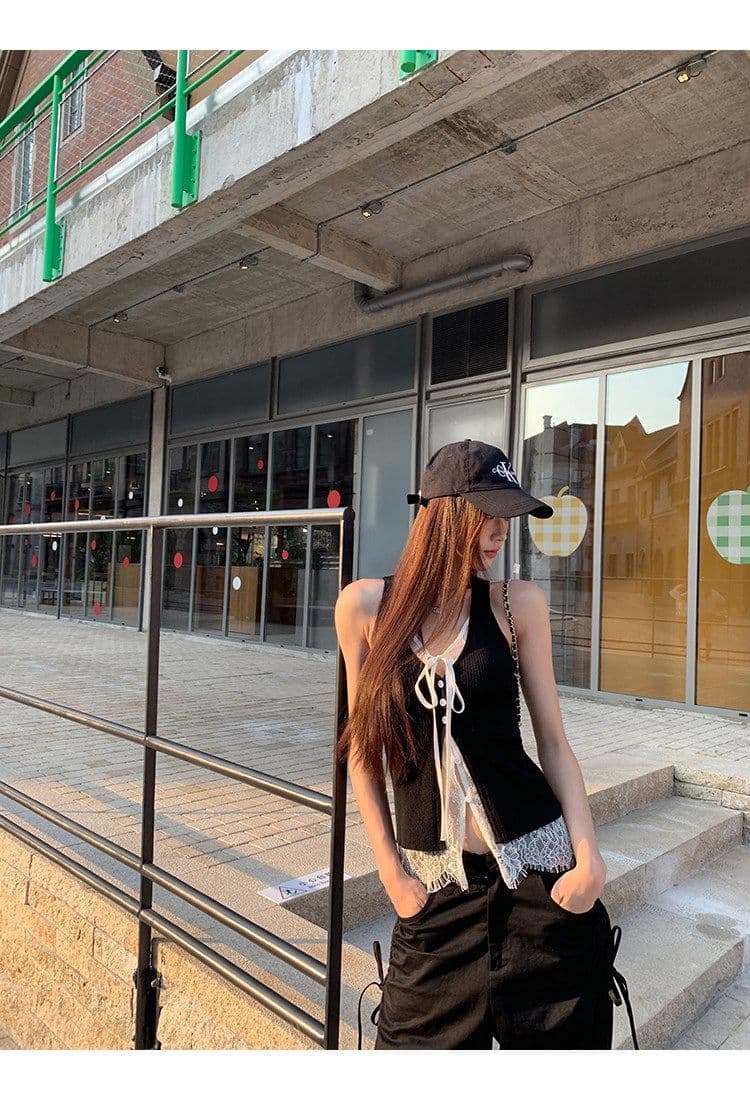 사람들 면 레이스 캐미솔 여름 외출용 검정색 핫걸 착용 가져 가라. 레이스 페이크 레이어드 민소매 맨위 상세 이미지 6