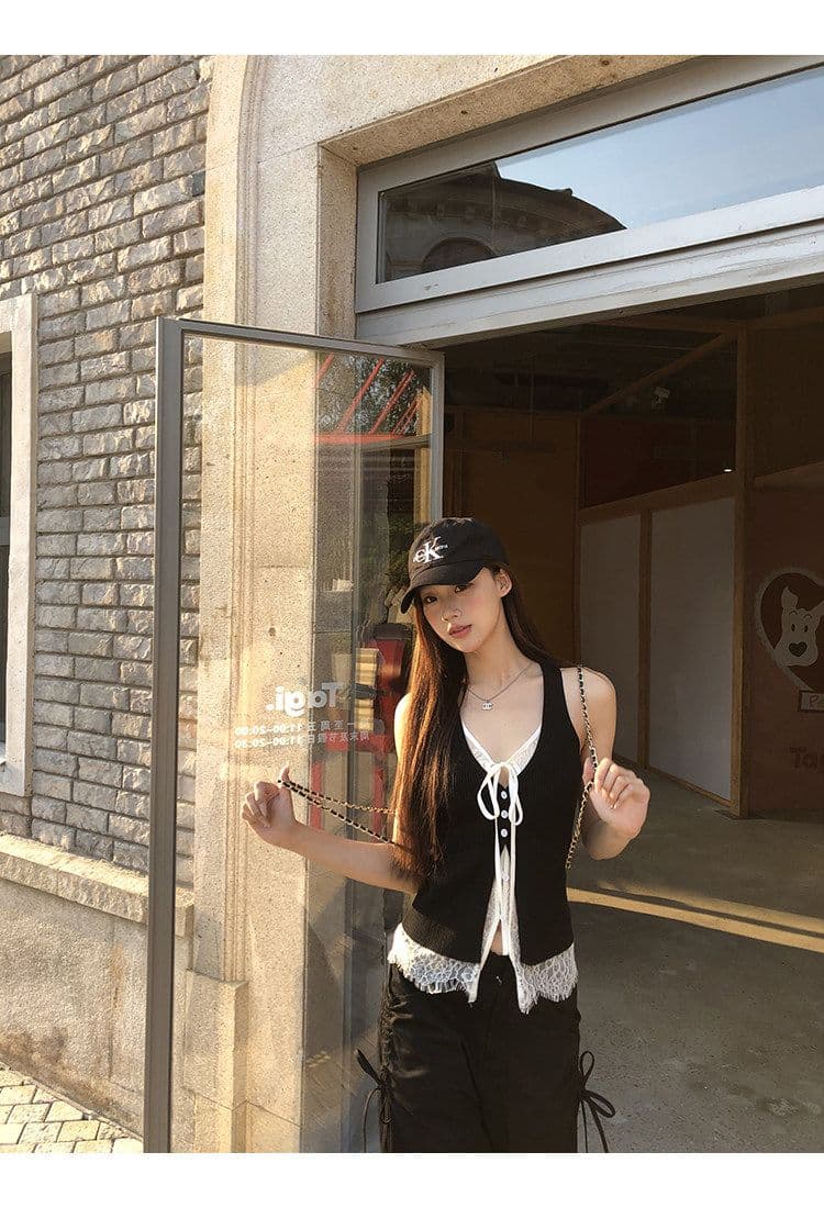 사람들 면 레이스 캐미솔 여름 외출용 검정색 핫걸 착용 가져 가라. 레이스 페이크 레이어드 민소매 맨위 상세 이미지 7