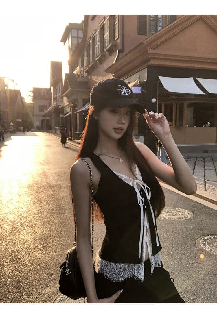 사람들 면 레이스 캐미솔 여름 외출용 검정색 핫걸 착용 가져 가라. 레이스 페이크 레이어드 민소매 맨위 상세 이미지 8