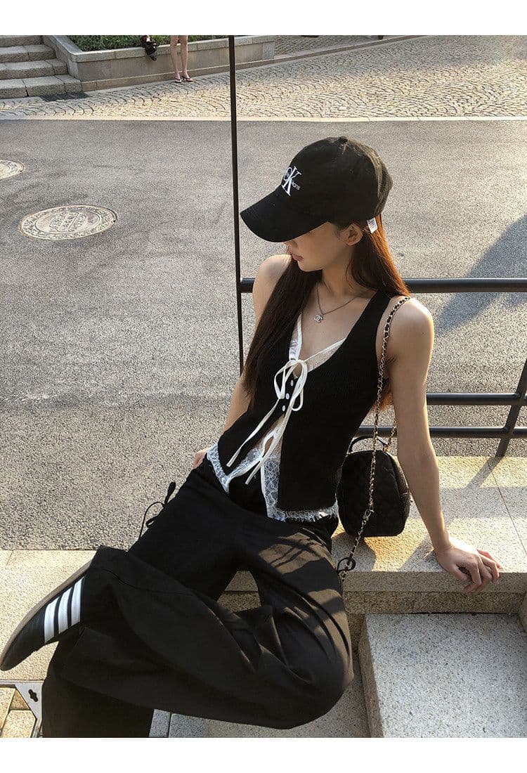사람들 면 레이스 캐미솔 여름 외출용 검정색 핫걸 착용 가져 가라. 레이스 페이크 레이어드 민소매 맨위 상세 이미지 19