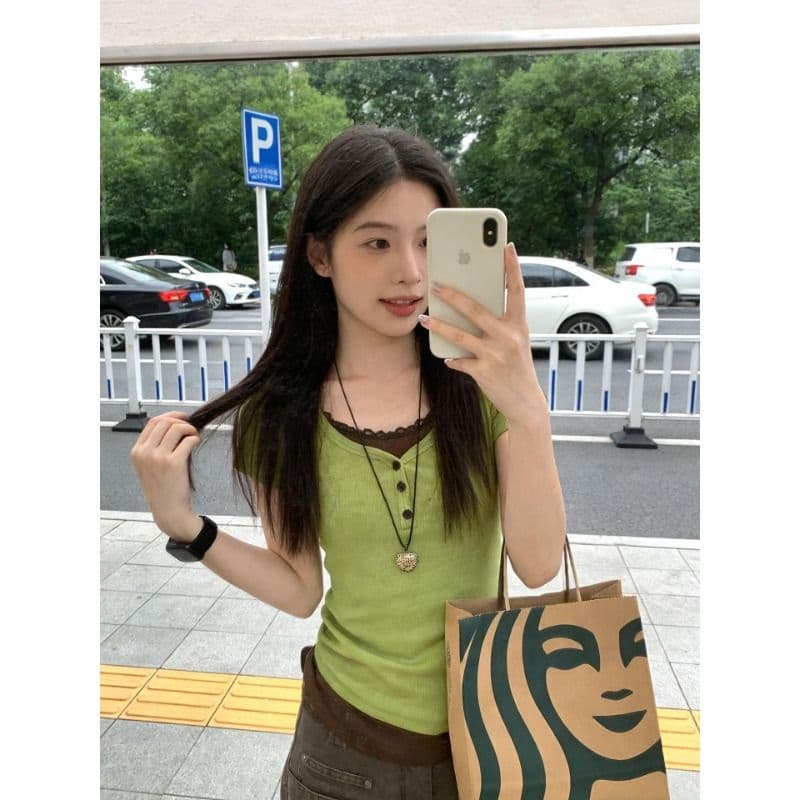 프랑스 리브 원본 원단 페이크 레이어드 레이스 라운드 넥 반팔 티셔츠 여성 몸매 가꾸기 다용도 슬림해 보이는 맨위 이미지 5