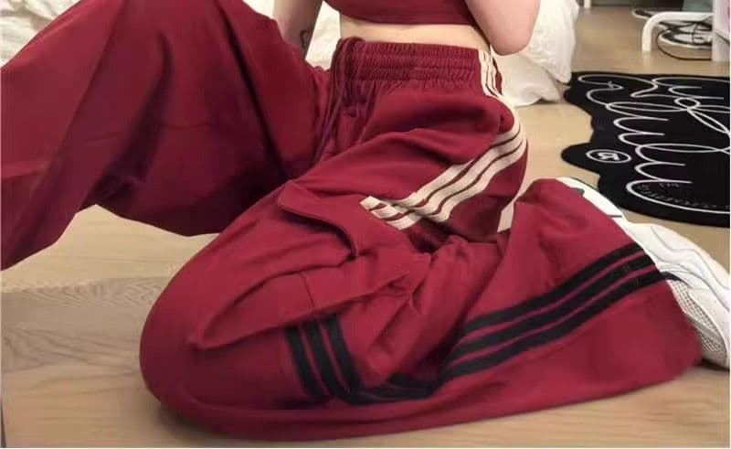 아메리칸 레트로 빨간색 스트라이프 캐주얼 바지 남녀 봄 여름 새로운 높음 거리 조수 브랜드 루즈핏 운동 워크웨어 와이드 레그 팬츠 상세 이미지 8