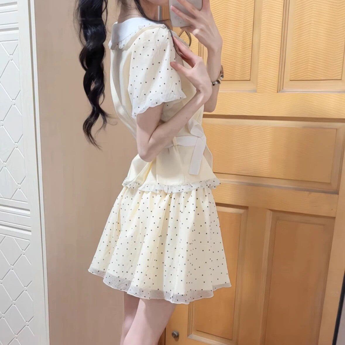 달콤한 자매 학원 스타일 도트 무늬 반신 치마 세트 여성 여름 베이비 칼라 반팔 맨위 케이크 미니 스커트 투피스 세트 이미지 4