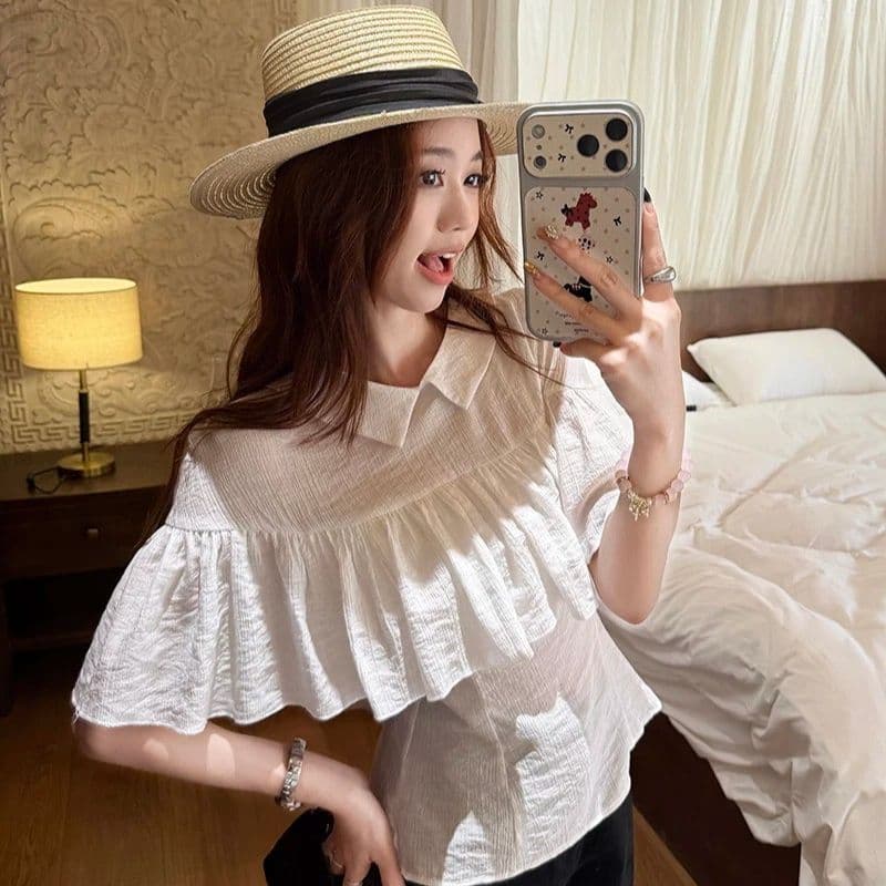원본 대나무 마디 주름 있음 전진 끝난 수축 가공 높은 품질 에디션 망토 얇고 가벼운 여성 셔츠 이미지 4