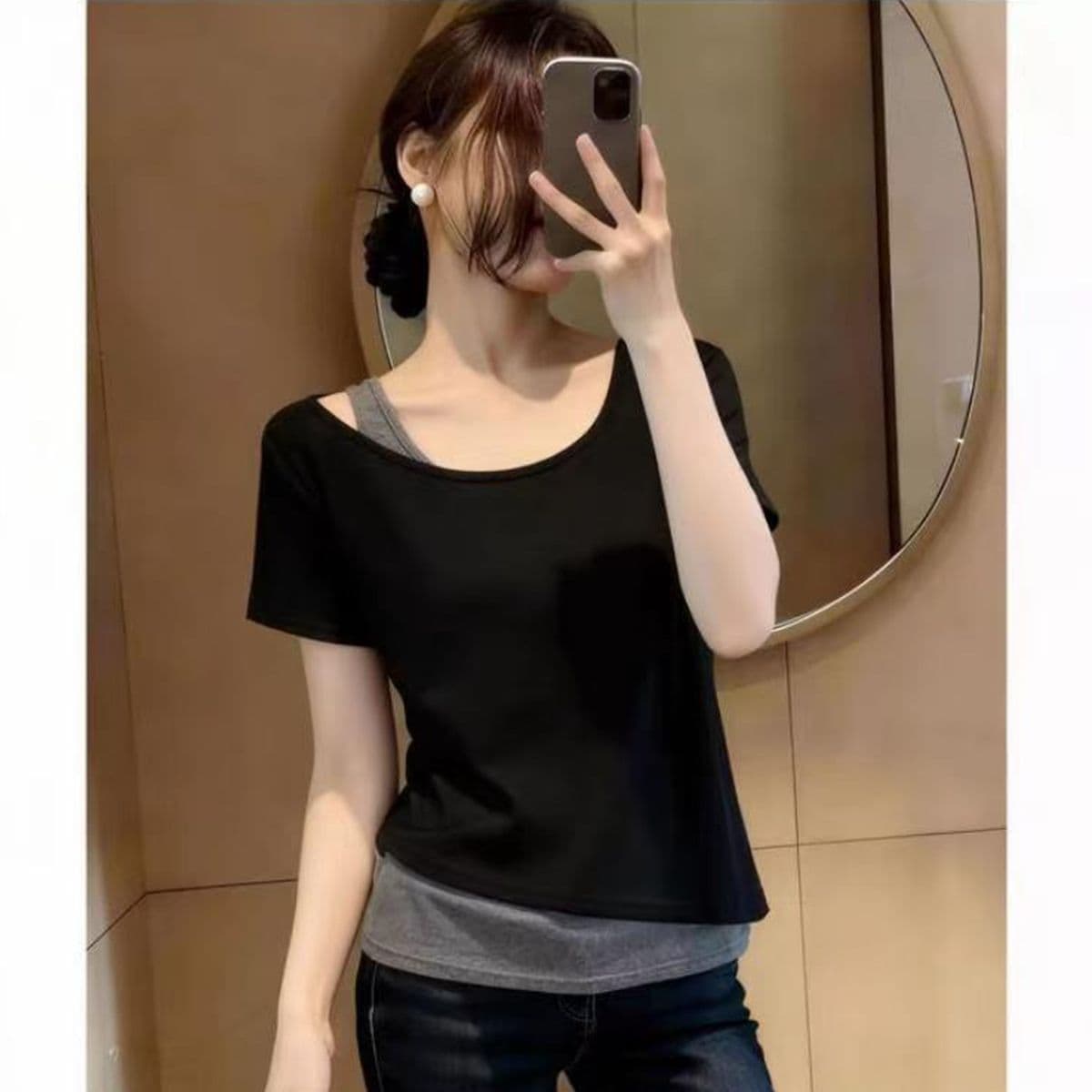 260 그램 사람들 면 92 접착제 8 암모니아 Lun 페이크 레이어드 비스듬한 어깨 반팔 티셔츠 여성 여름 배색 몸매 가꾸기 오프숄더 맨위 상세 이미지 4