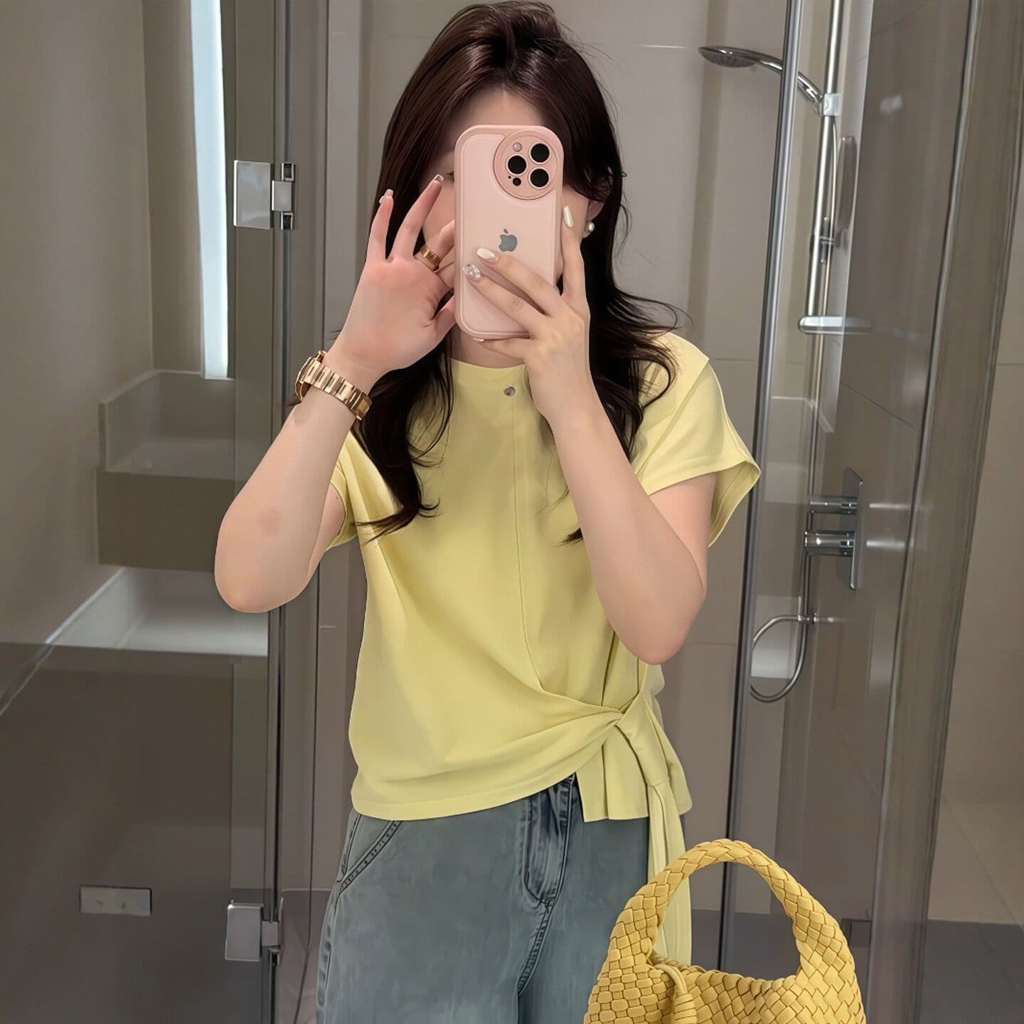 220 그램 조수 브랜드 양면 85 면 15 폴리 에스터 불규칙 반팔 여성 티셔츠 여름 디자인 센스 스트랩 쇼트 스타일 맨위 상세 이미지 2