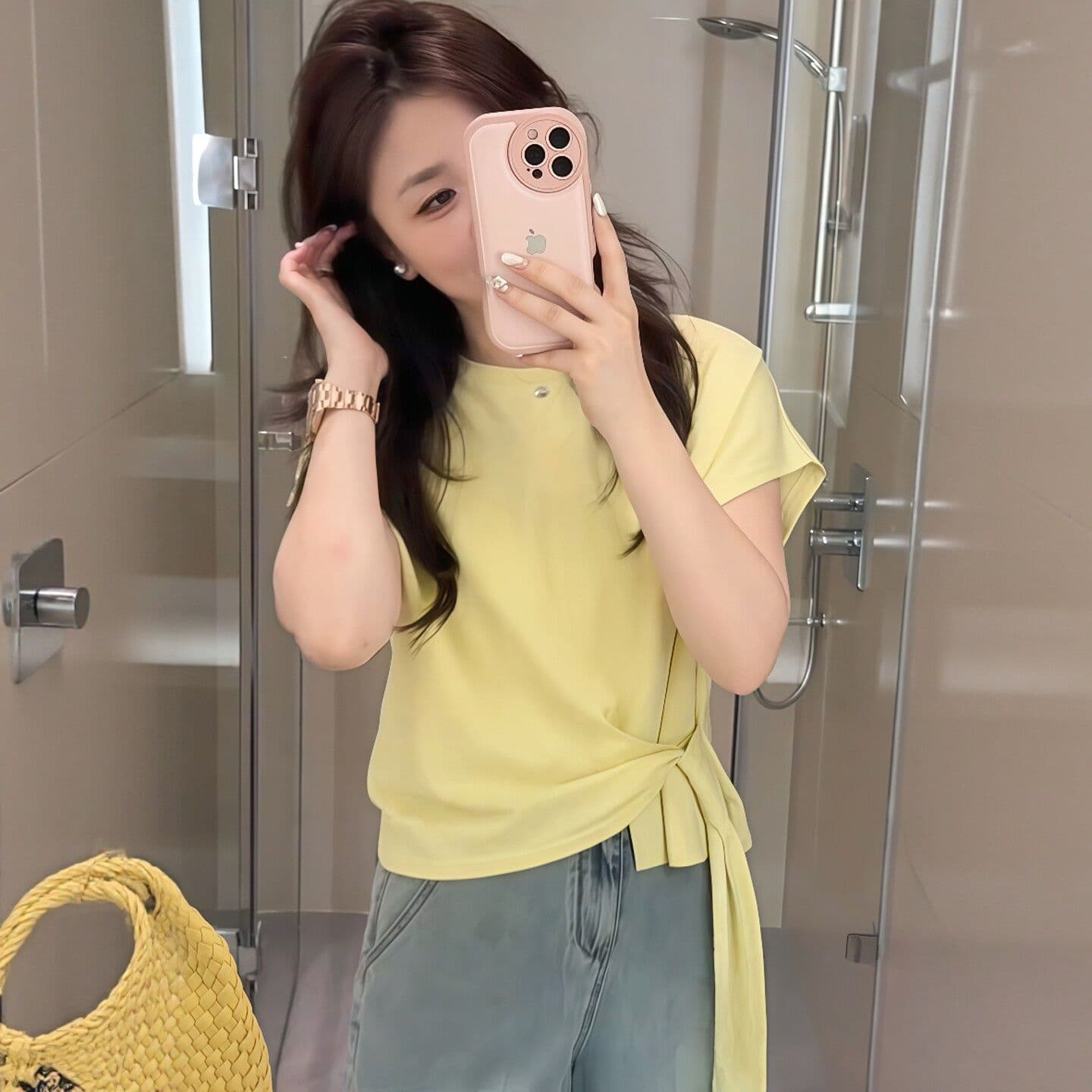 220 그램 조수 브랜드 양면 85 면 15 폴리 에스터 불규칙 반팔 여성 티셔츠 여름 디자인 센스 스트랩 쇼트 스타일 맨위 상세 이미지 3