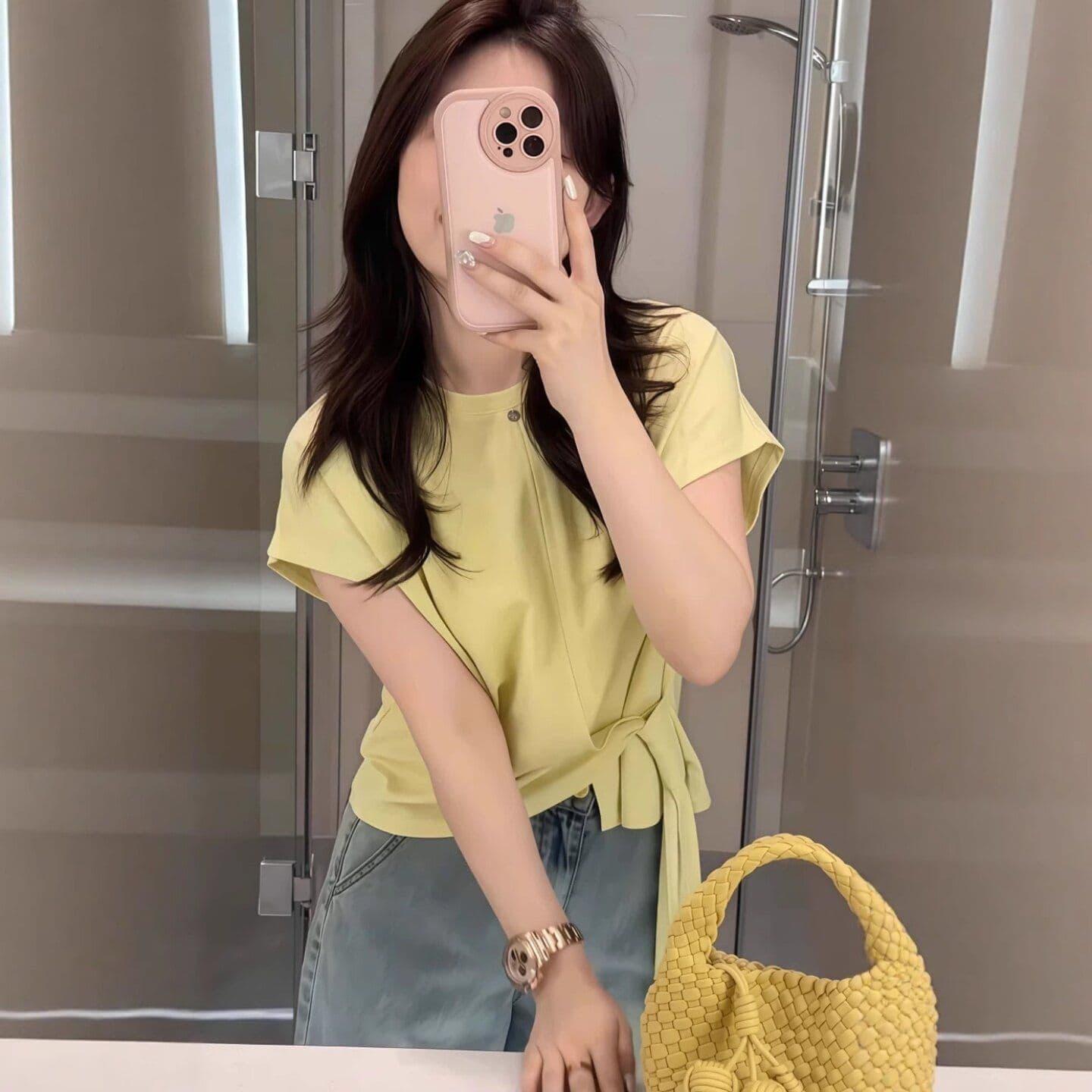 220 그램 조수 브랜드 양면 85 면 15 폴리 에스터 불규칙 반팔 여성 티셔츠 여름 디자인 센스 스트랩 쇼트 스타일 맨위 상세 이미지 4
