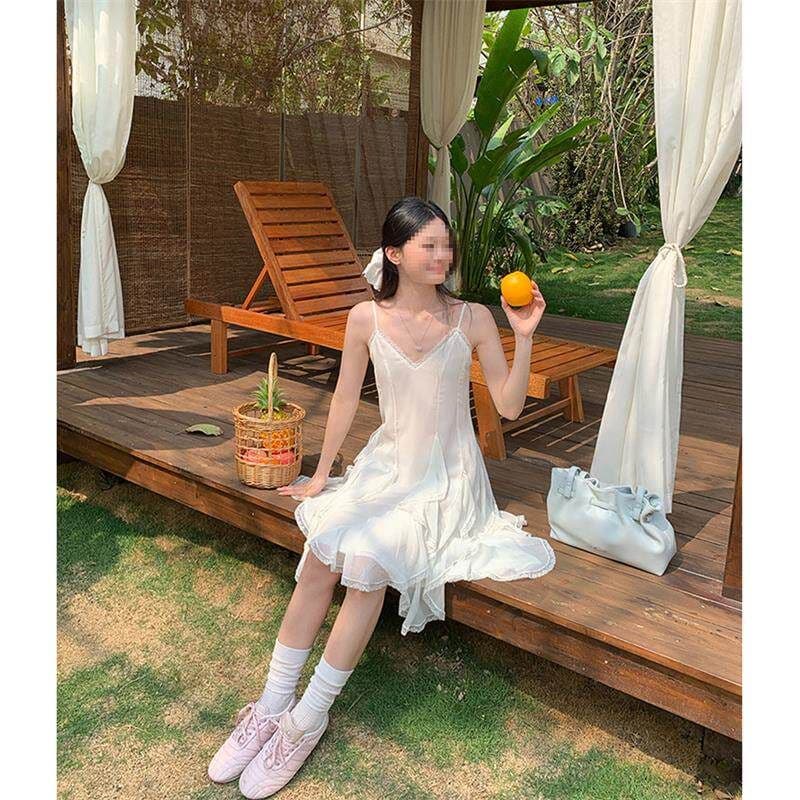 두꺼운 쉬폰 원단 네리 Tulle 레이스 슬립 여성 드레스 2026 여름 새로운 불규칙 미니 스커트 이미지 2
