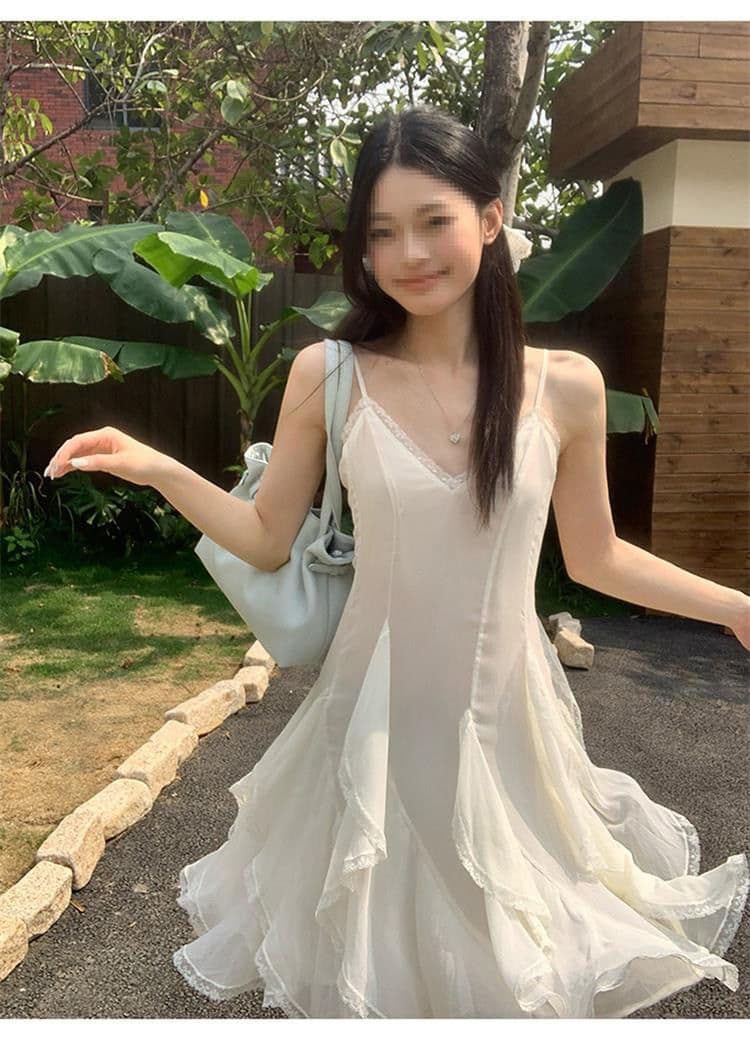 두꺼운 쉬폰 원단 네리 Tulle 레이스 슬립 여성 드레스 2026 여름 새로운 불규칙 미니 스커트 상세 이미지 8