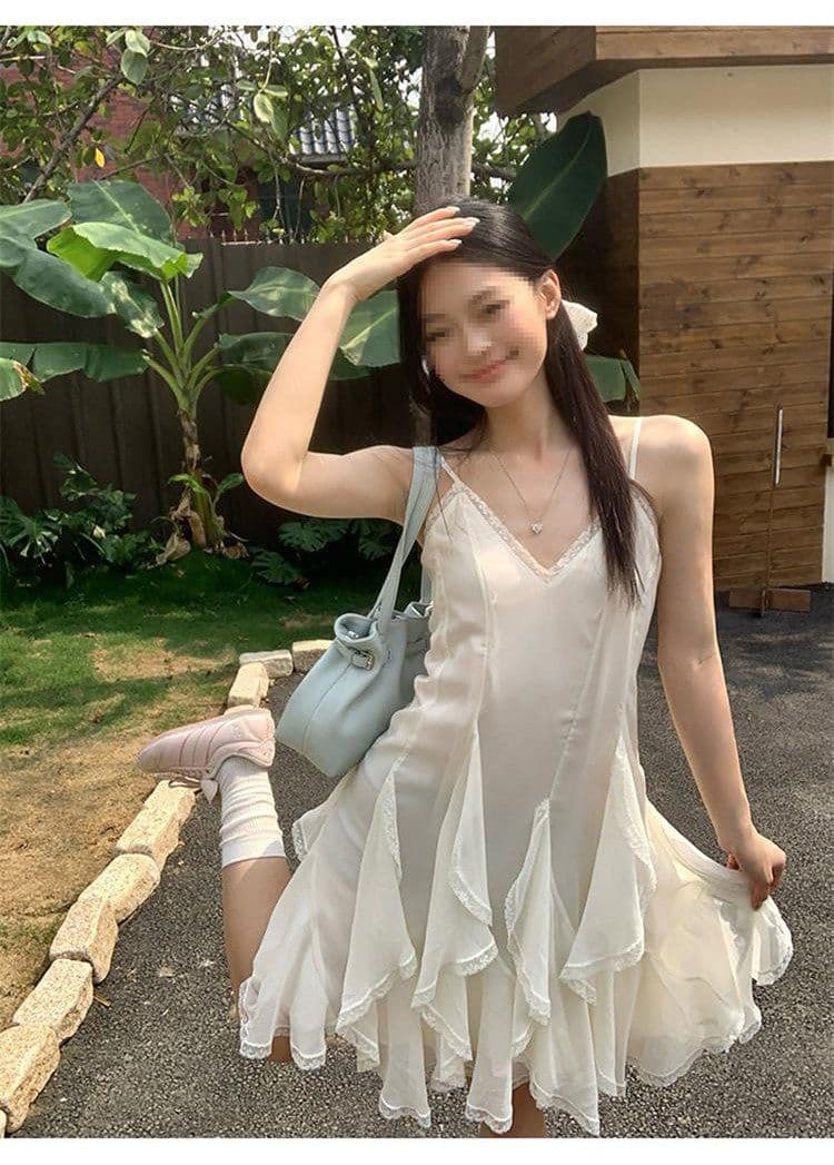 두꺼운 쉬폰 원단 네리 Tulle 레이스 슬립 여성 드레스 2026 여름 새로운 불규칙 미니 스커트 상세 이미지 15