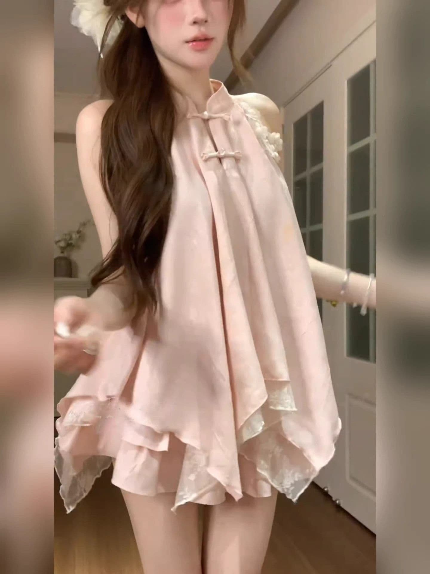 새로운 중식 세트 여성 여름 국풍 자이언트 잘 생긴 핑크색 불규칙 행침 목 맨위 케이크 하프 치마 전체 집합 이미지 3