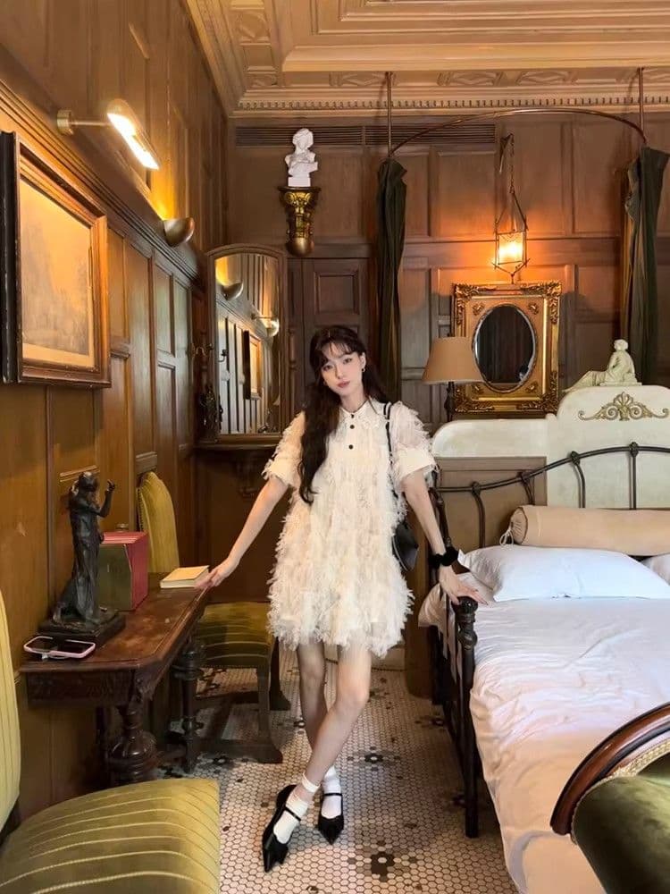 여름 달콤함 섹션 디자인 센스 작은 대중 허리 수축 슬림해 보이는 미니 스커트 프랑스식 작은 샤넬 스타일 품격 자카드 반팔 드레스 상세 이미지 2