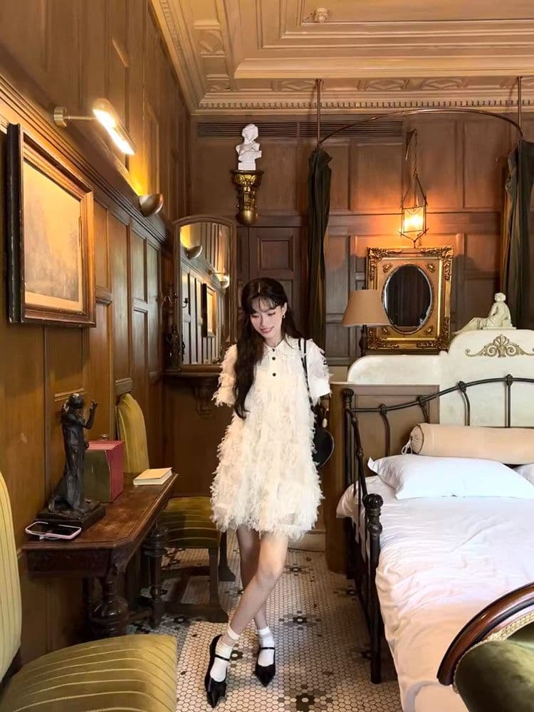 여름 달콤함 섹션 디자인 센스 작은 대중 허리 수축 슬림해 보이는 미니 스커트 프랑스식 작은 샤넬 스타일 품격 자카드 반팔 드레스 상세 이미지 4