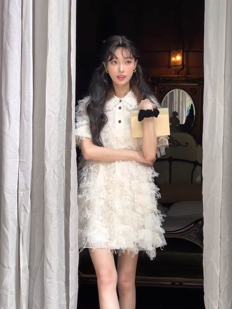 여름 달콤함 섹션 디자인 센스 작은 대중 허리 수축 슬림해 보이는 미니 스커트 프랑스식 작은 샤넬 스타일 품격 자카드 반팔 드레스 상세 이미지 5