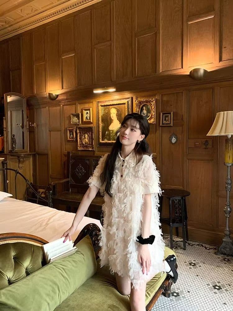 여름 달콤함 섹션 디자인 센스 작은 대중 허리 수축 슬림해 보이는 미니 스커트 프랑스식 작은 샤넬 스타일 품격 자카드 반팔 드레스 상세 이미지 6