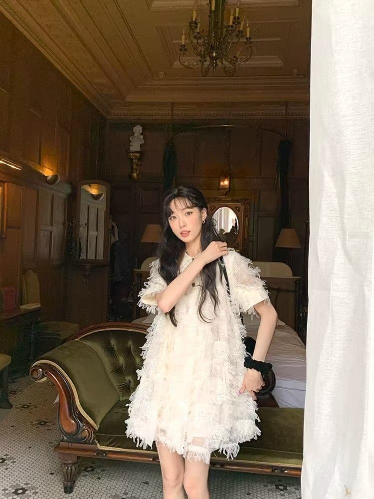 여름 달콤함 섹션 디자인 센스 작은 대중 허리 수축 슬림해 보이는 미니 스커트 프랑스식 작은 샤넬 스타일 품격 자카드 반팔 드레스 상세 이미지 7