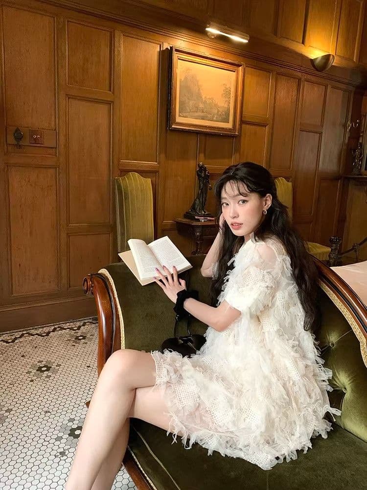 여름 달콤함 섹션 디자인 센스 작은 대중 허리 수축 슬림해 보이는 미니 스커트 프랑스식 작은 샤넬 스타일 품격 자카드 반팔 드레스 상세 이미지 8