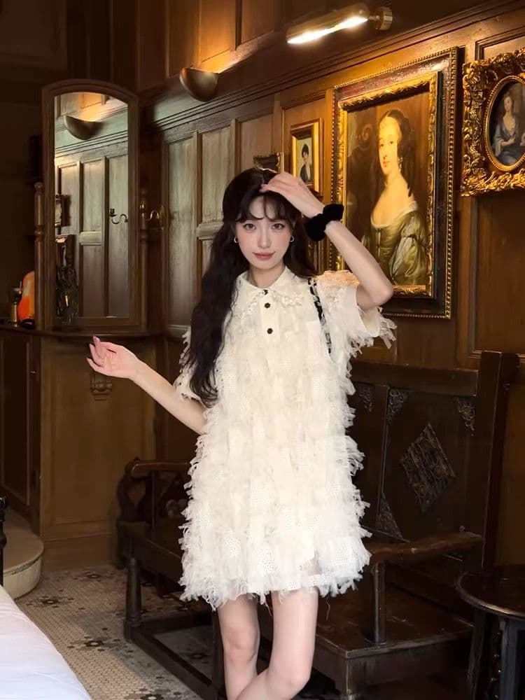여름 달콤함 섹션 디자인 센스 작은 대중 허리 수축 슬림해 보이는 미니 스커트 프랑스식 작은 샤넬 스타일 품격 자카드 반팔 드레스 상세 이미지 9