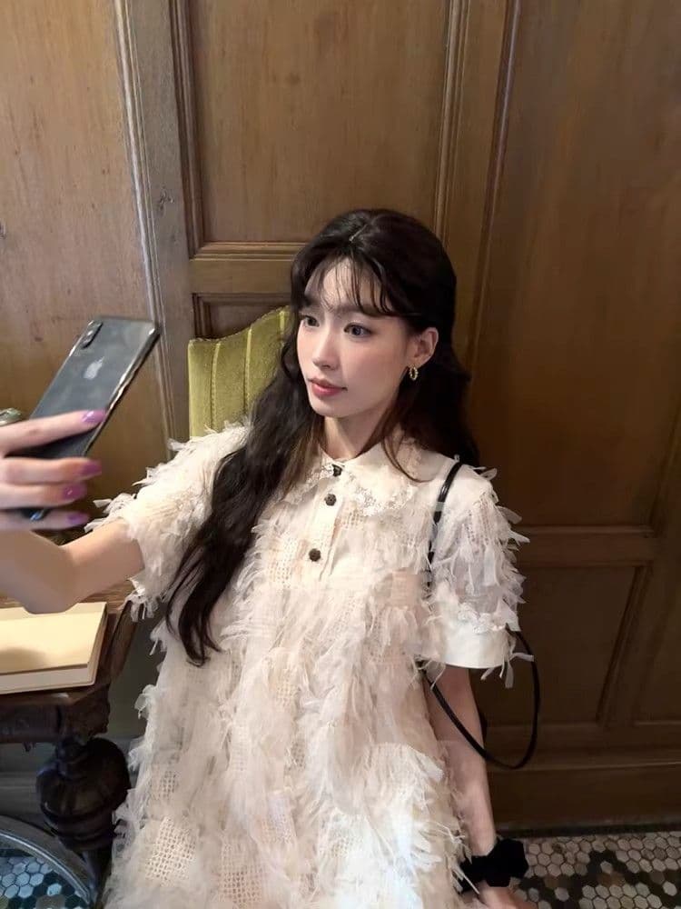 여름 달콤함 섹션 디자인 센스 작은 대중 허리 수축 슬림해 보이는 미니 스커트 프랑스식 작은 샤넬 스타일 품격 자카드 반팔 드레스 상세 이미지 11