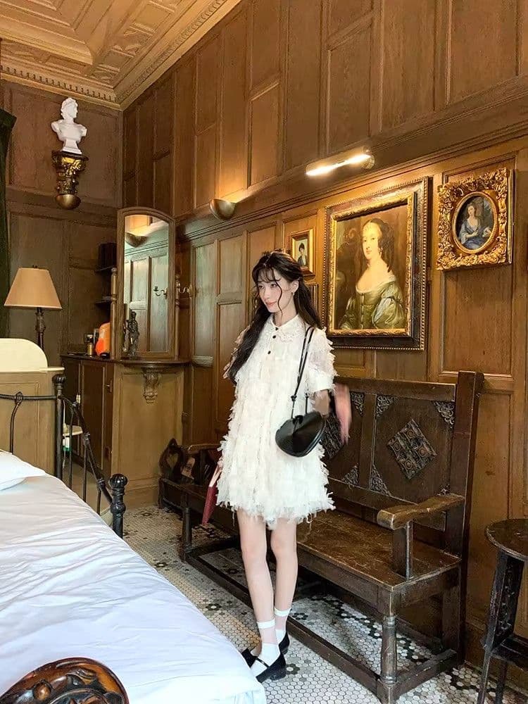 여름 달콤함 섹션 디자인 센스 작은 대중 허리 수축 슬림해 보이는 미니 스커트 프랑스식 작은 샤넬 스타일 품격 자카드 반팔 드레스 상세 이미지 12