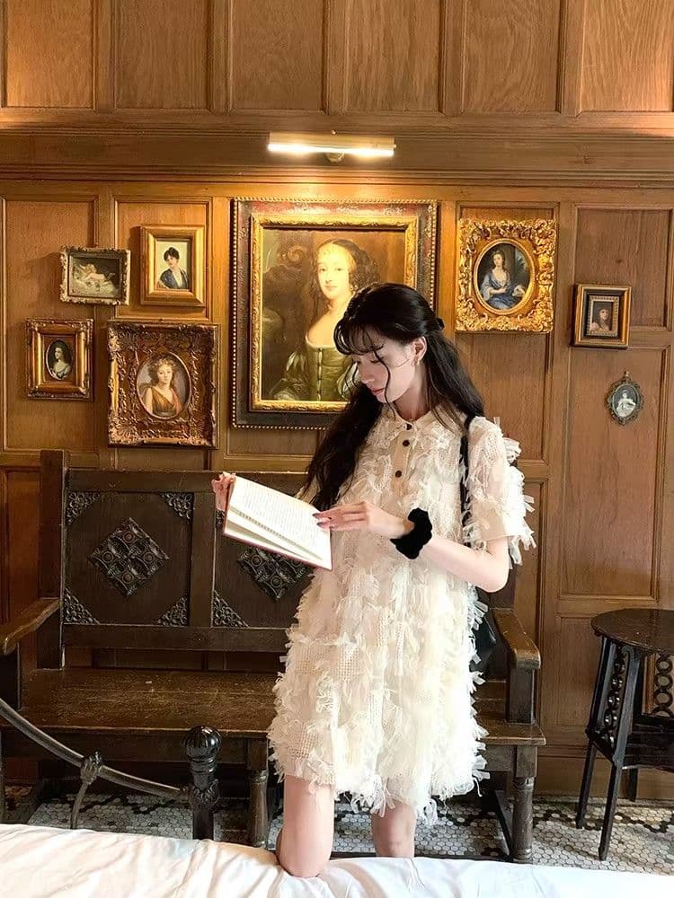 여름 달콤함 섹션 디자인 센스 작은 대중 허리 수축 슬림해 보이는 미니 스커트 프랑스식 작은 샤넬 스타일 품격 자카드 반팔 드레스 상세 이미지 13