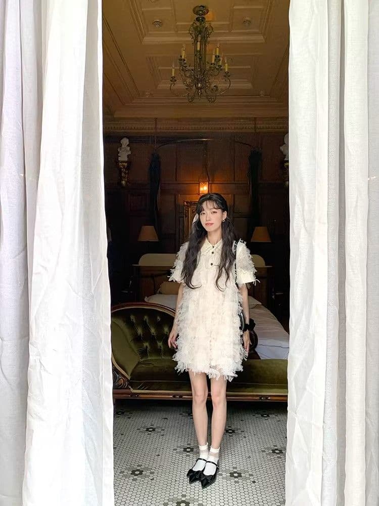 여름 달콤함 섹션 디자인 센스 작은 대중 허리 수축 슬림해 보이는 미니 스커트 프랑스식 작은 샤넬 스타일 품격 자카드 반팔 드레스 상세 이미지 15