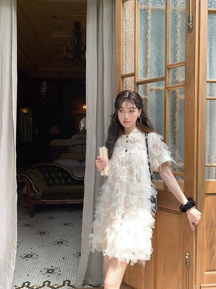 여름 달콤함 섹션 디자인 센스 작은 대중 허리 수축 슬림해 보이는 미니 스커트 프랑스식 작은 샤넬 스타일 품격 자카드 반팔 드레스 상세 이미지 18