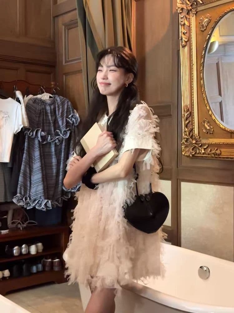 여름 달콤함 섹션 디자인 센스 작은 대중 허리 수축 슬림해 보이는 미니 스커트 프랑스식 작은 샤넬 스타일 품격 자카드 반팔 드레스 상세 이미지 19
