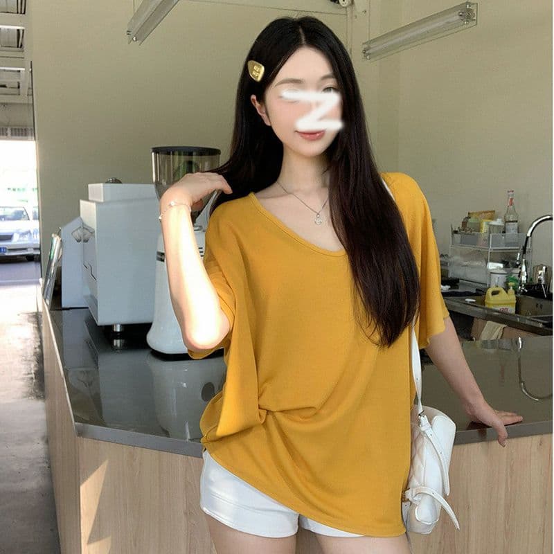 경관 그림 순수한 욕망 느긋한 루즈핏 배트윙 소매 V넥 비스듬한 어깨 반팔 마이크로 ~을 통해 차가운 센스 얇은 스타일 블라우스 티셔츠 여성 이미지 5