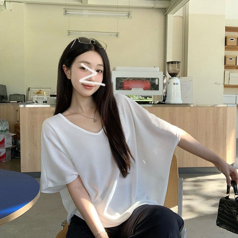 경관 그림 순수한 욕망 느긋한 루즈핏 배트윙 소매 V넥 비스듬한 어깨 반팔 마이크로 ~을 통해 차가운 센스 얇은 스타일 블라우스 티셔츠 여성 이미지 3