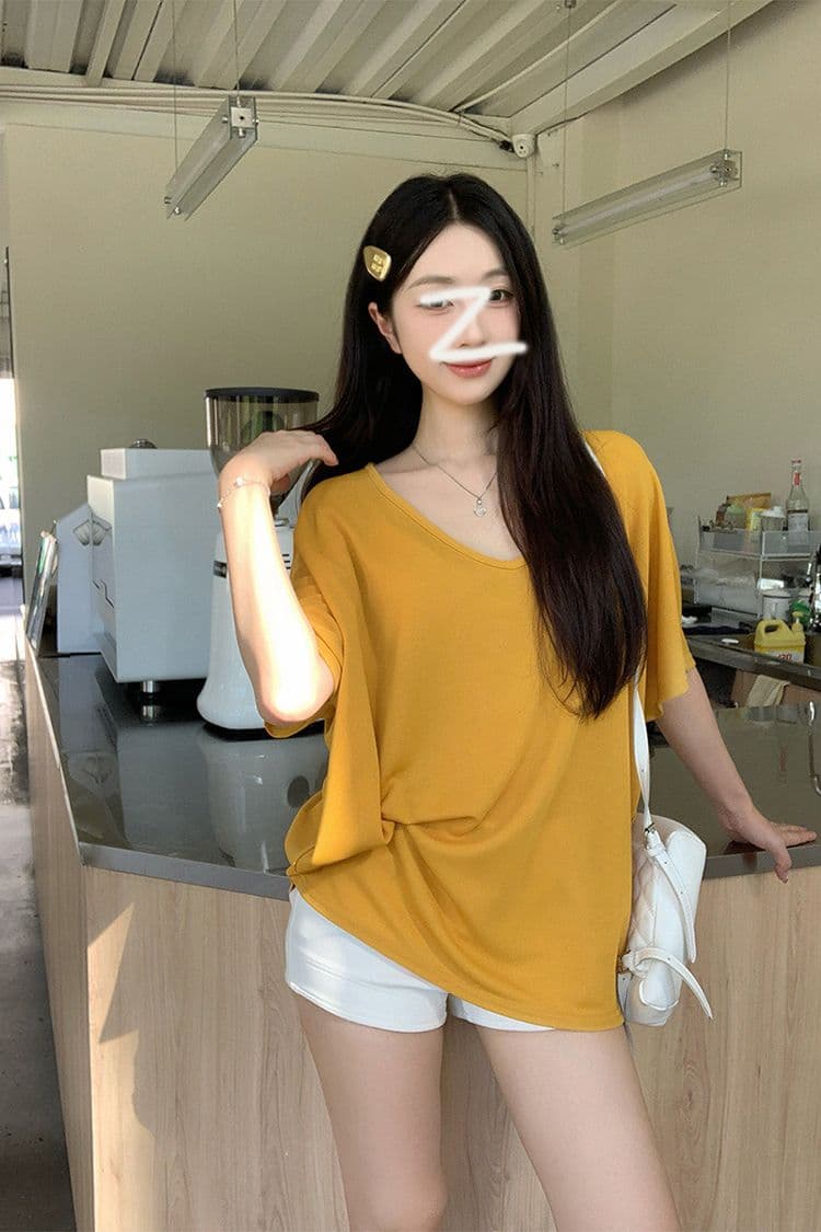 경관 그림 순수한 욕망 느긋한 루즈핏 배트윙 소매 V넥 비스듬한 어깨 반팔 마이크로 ~을 통해 차가운 센스 얇은 스타일 블라우스 티셔츠 여성 상세 이미지 2