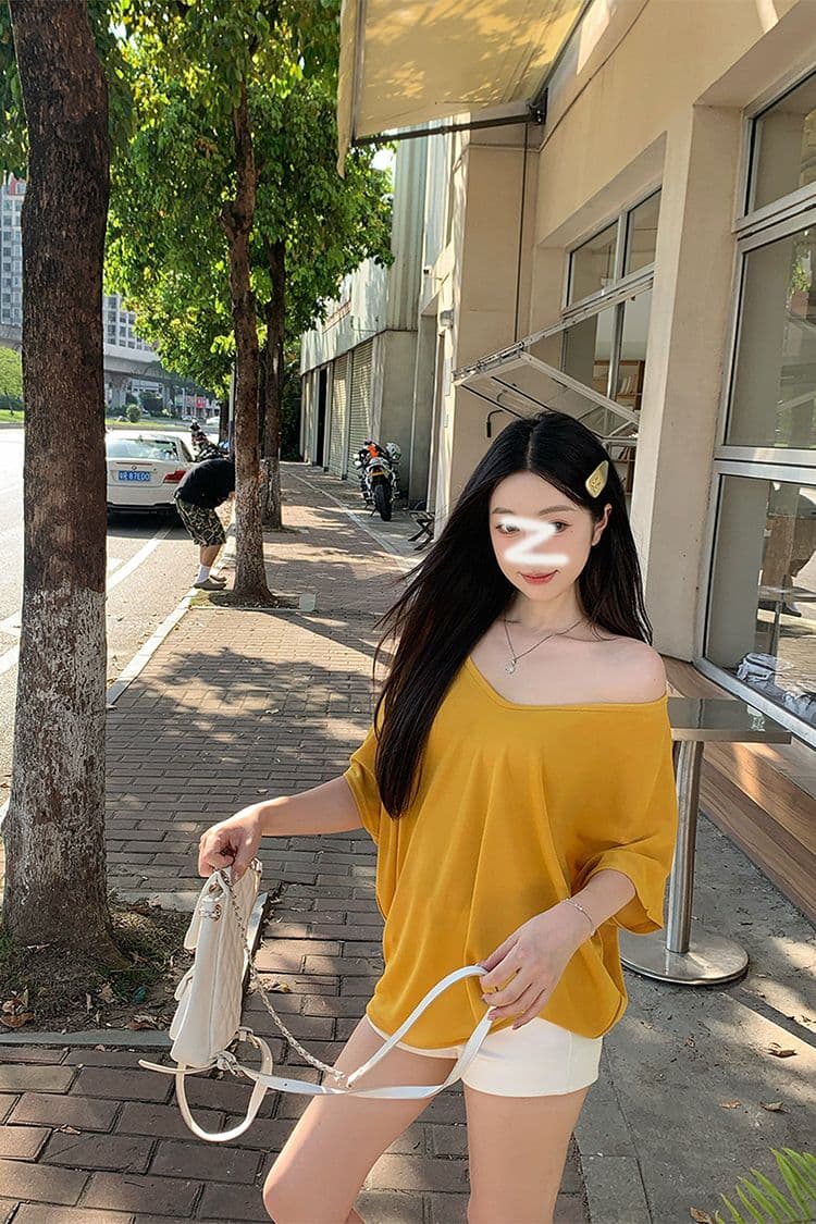 경관 그림 순수한 욕망 느긋한 루즈핏 배트윙 소매 V넥 비스듬한 어깨 반팔 마이크로 ~을 통해 차가운 센스 얇은 스타일 블라우스 티셔츠 여성 상세 이미지 4