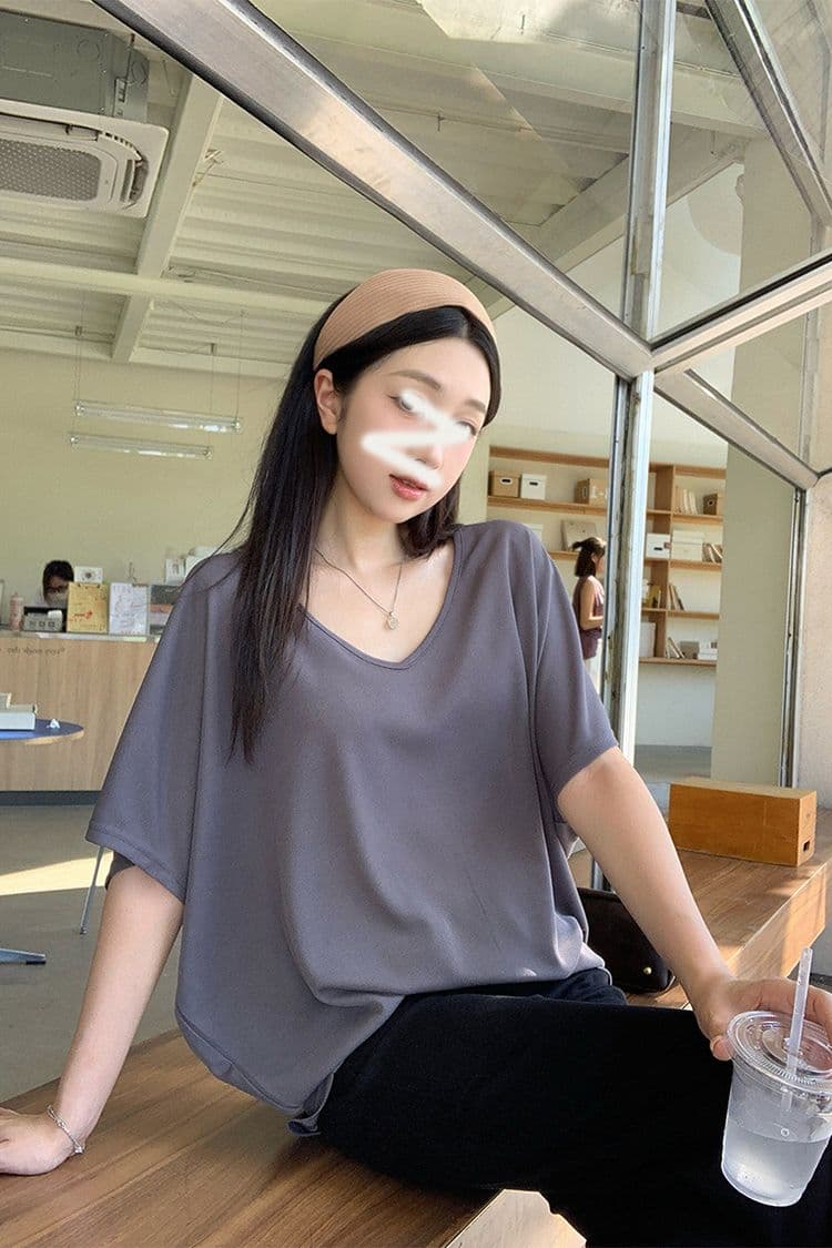 경관 그림 순수한 욕망 느긋한 루즈핏 배트윙 소매 V넥 비스듬한 어깨 반팔 마이크로 ~을 통해 차가운 센스 얇은 스타일 블라우스 티셔츠 여성 상세 이미지 7