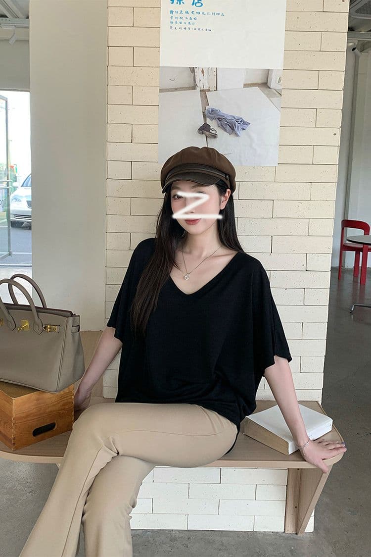 경관 그림 순수한 욕망 느긋한 루즈핏 배트윙 소매 V넥 비스듬한 어깨 반팔 마이크로 ~을 통해 차가운 센스 얇은 스타일 블라우스 티셔츠 여성 상세 이미지 13