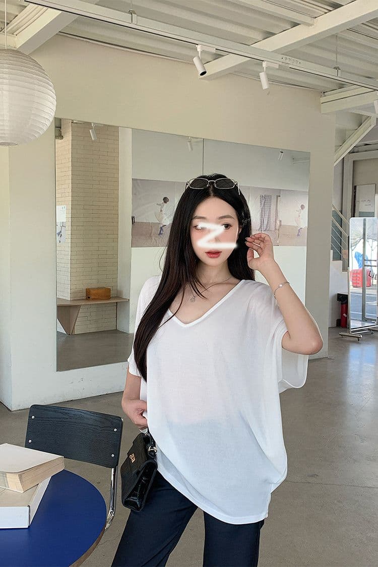 경관 그림 순수한 욕망 느긋한 루즈핏 배트윙 소매 V넥 비스듬한 어깨 반팔 마이크로 ~을 통해 차가운 센스 얇은 스타일 블라우스 티셔츠 여성 상세 이미지 15