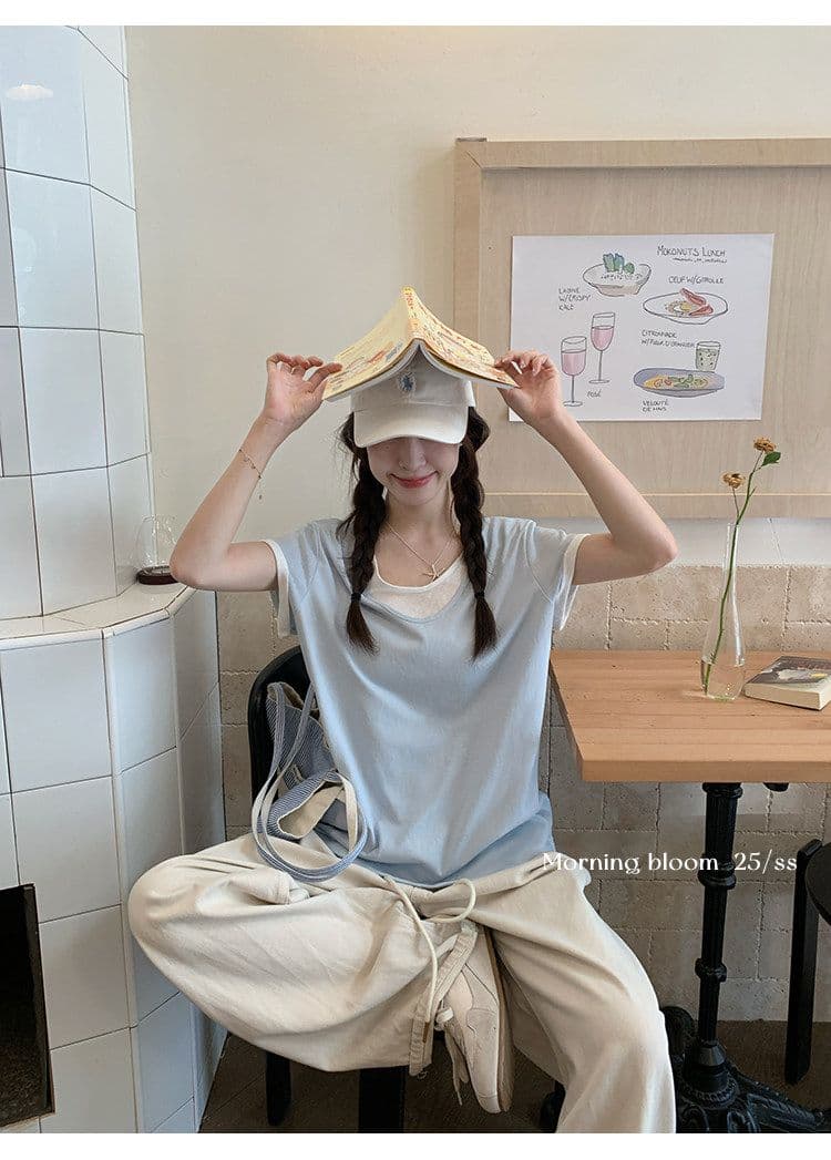 경관 그림 눈꽃 면 배색 스택 착용 페이크 레이어드 반팔 티셔츠 여성 여름 캐주얼 루즈핏 다용도 긍정적 인 어깨 의류 상세 이미지 10