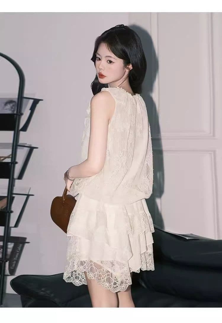 살구 색상 민소매 조끼 맨위 여성 아름다운 레이스 미니 스커트 프랑스식 레이스 세트 2026 신제품 인기 투피스 세트 상세 이미지 10
