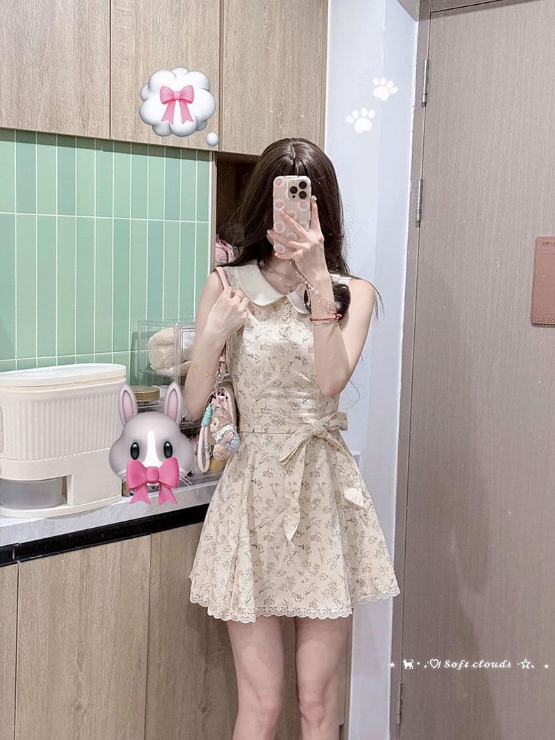2026 여름 새로운 베이비 칼라 민소매 레이스업 치마 슈퍼 잘 생긴 프랑스식 꽃무늬 드레스 허리 수축 한 마디 미니 스커트 상세 이미지 2