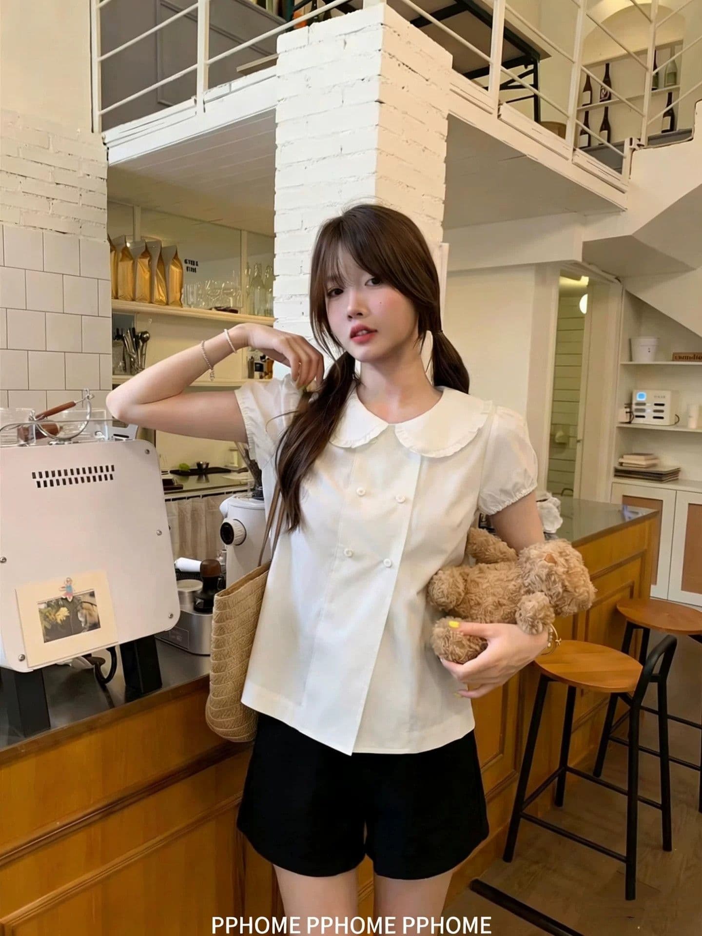 달콤함 연령 감소 이중 버튼 반팔 여성 셔츠 여름 새로운 일본식 학원 스타일 미니멀리즘 베이비 칼라 맨위 여성 상세 이미지 2