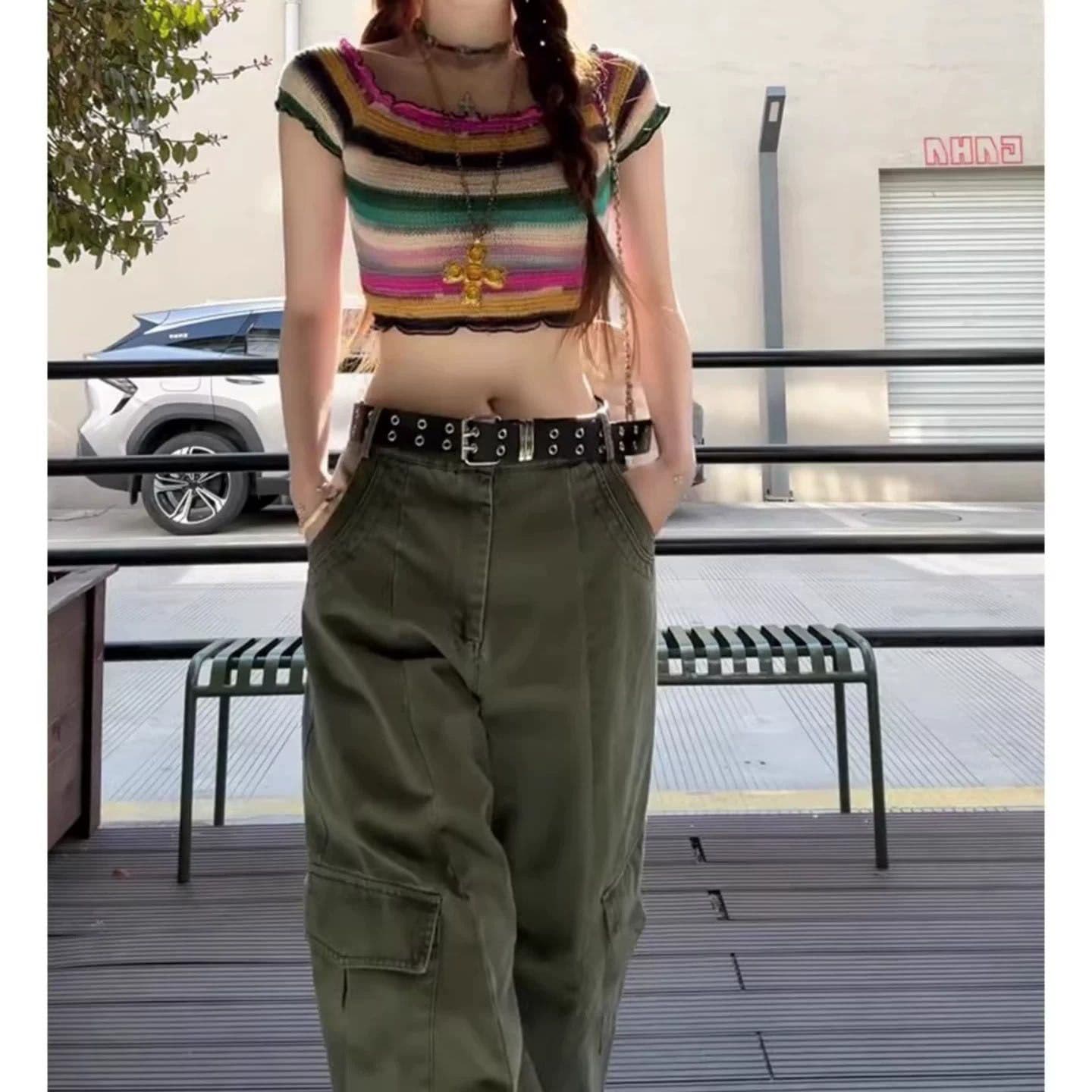 원본 원단 것 도파민 바람 색상 니트 스트라이프 여름 달콤한 매운맛 오프숄더 반팔 맨위 여성 이미지 4