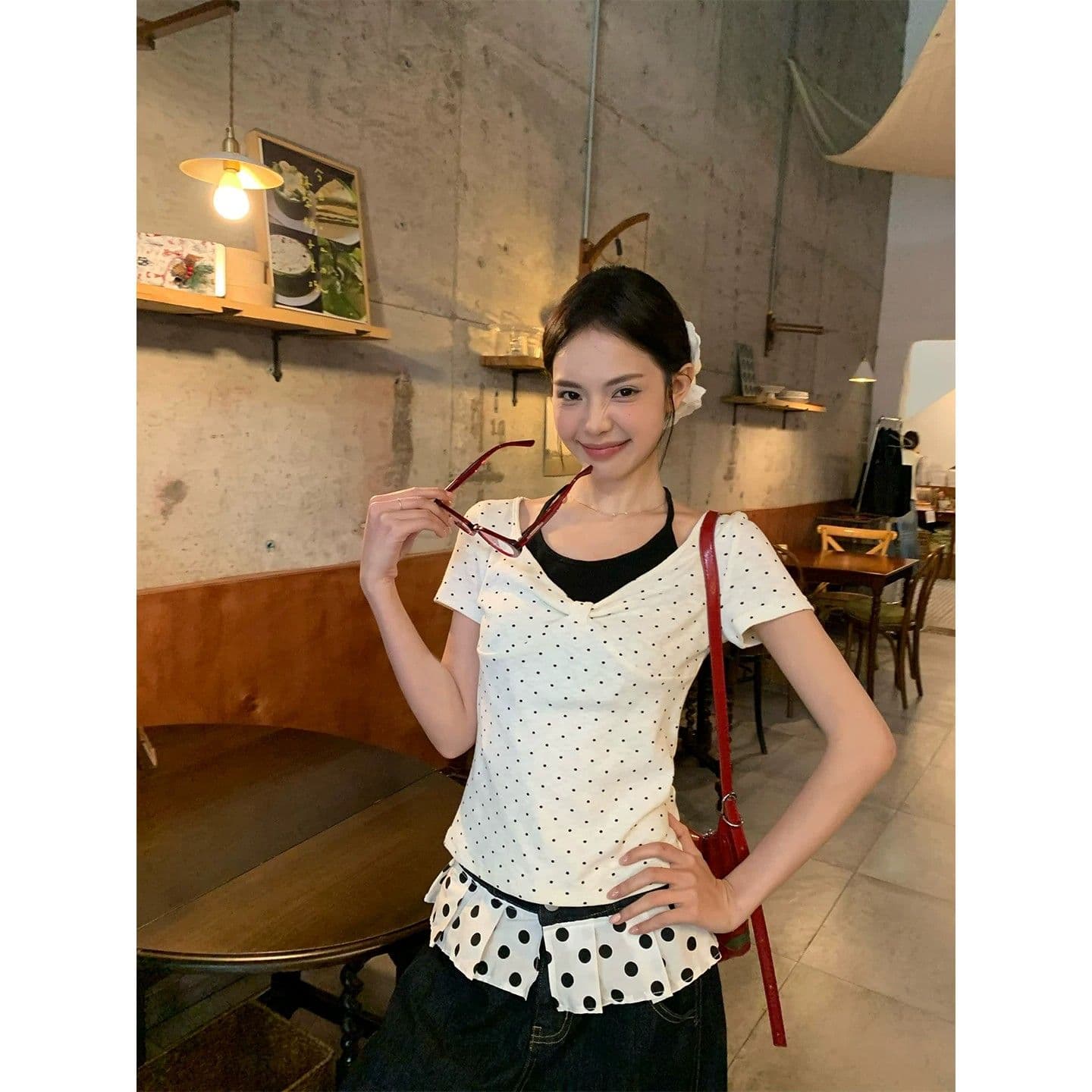 260 그램 사람들 면 화이트 도트 무늬 페이크 레이어드 행침 목 긍정적 인 어깨 반팔 티셔츠 여성 여름 몸매 가꾸기 한 첨부 된 의류 이미지 2