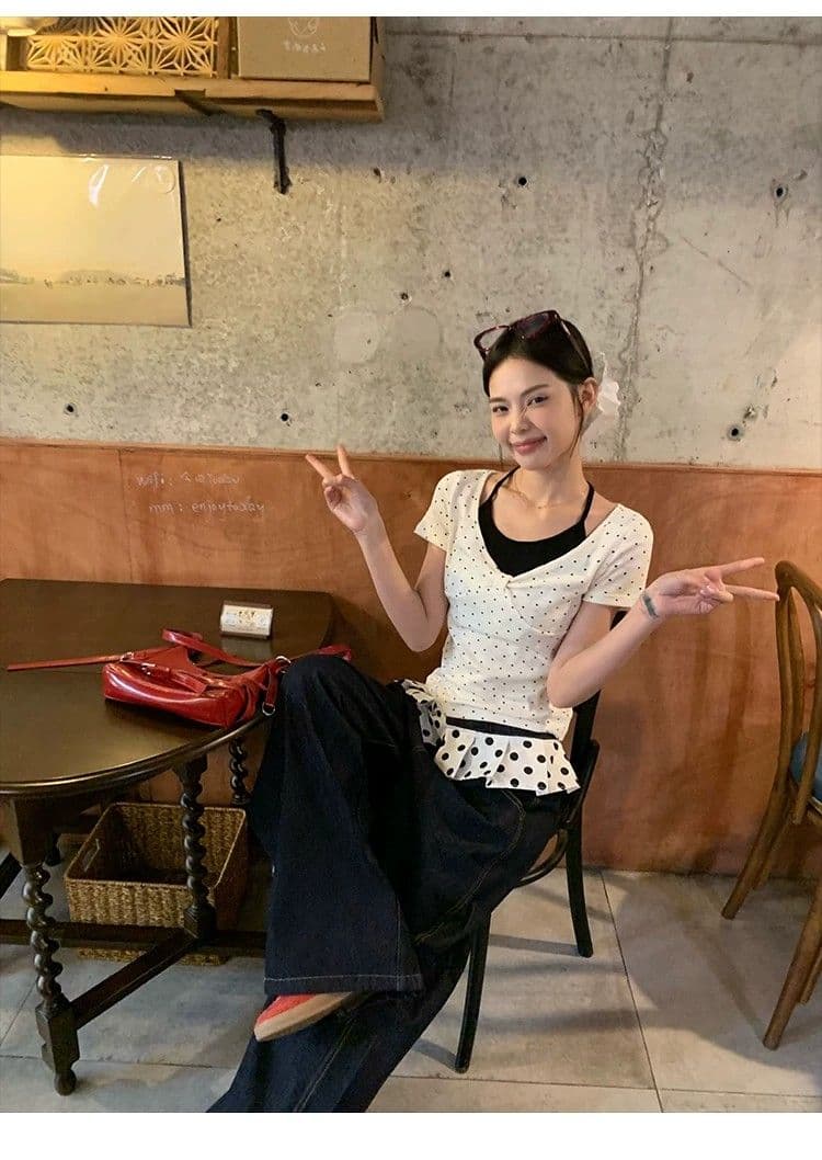 260 그램 사람들 면 화이트 도트 무늬 페이크 레이어드 행침 목 긍정적 인 어깨 반팔 티셔츠 여성 여름 몸매 가꾸기 한 첨부 된 의류 상세 이미지 1