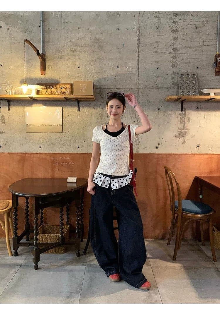 260 그램 사람들 면 화이트 도트 무늬 페이크 레이어드 행침 목 긍정적 인 어깨 반팔 티셔츠 여성 여름 몸매 가꾸기 한 첨부 된 의류 상세 이미지 2