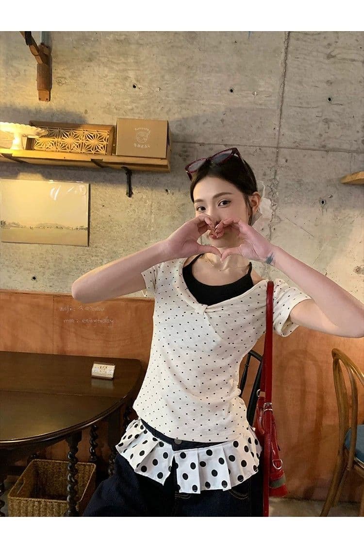 260 그램 사람들 면 화이트 도트 무늬 페이크 레이어드 행침 목 긍정적 인 어깨 반팔 티셔츠 여성 여름 몸매 가꾸기 한 첨부 된 의류 상세 이미지 3