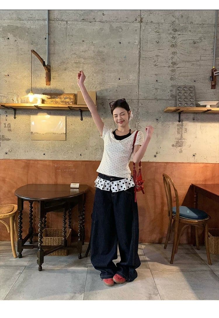 260 그램 사람들 면 화이트 도트 무늬 페이크 레이어드 행침 목 긍정적 인 어깨 반팔 티셔츠 여성 여름 몸매 가꾸기 한 첨부 된 의류 상세 이미지 5
