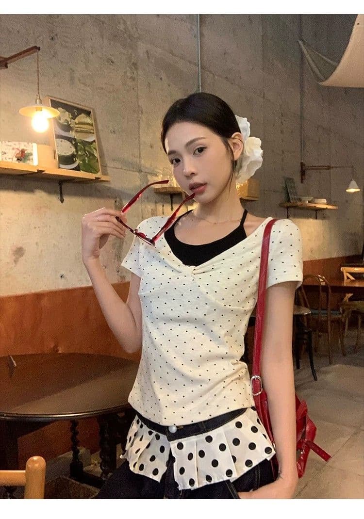 260 그램 사람들 면 화이트 도트 무늬 페이크 레이어드 행침 목 긍정적 인 어깨 반팔 티셔츠 여성 여름 몸매 가꾸기 한 첨부 된 의류 상세 이미지 8