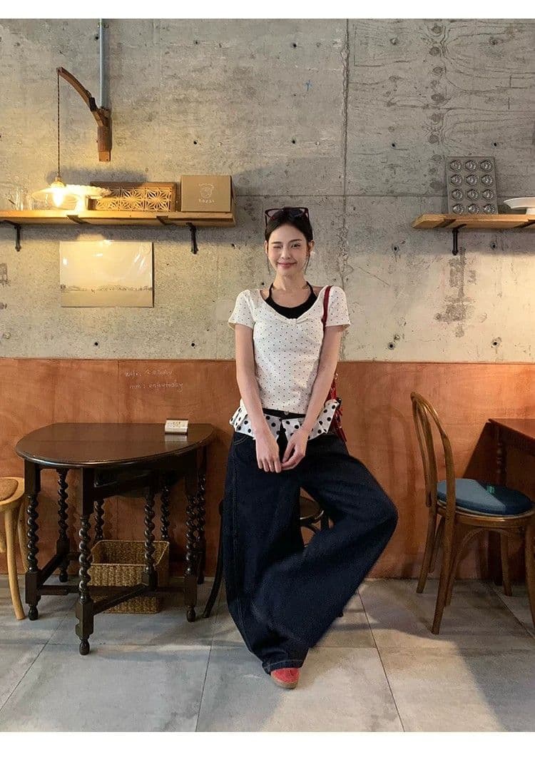 260 그램 사람들 면 화이트 도트 무늬 페이크 레이어드 행침 목 긍정적 인 어깨 반팔 티셔츠 여성 여름 몸매 가꾸기 한 첨부 된 의류 상세 이미지 10