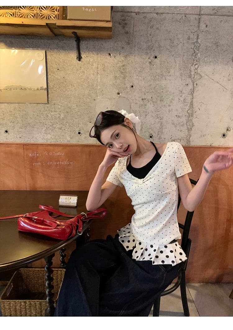260 그램 사람들 면 화이트 도트 무늬 페이크 레이어드 행침 목 긍정적 인 어깨 반팔 티셔츠 여성 여름 몸매 가꾸기 한 첨부 된 의류 상세 이미지 11